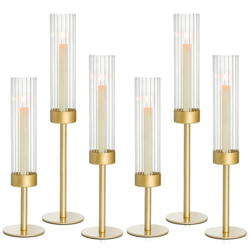 Best Gold Candle Holders #6 from turvono Turvono Gold Hurricane Candle Holders Set of 6, Brass Metal Candlestick Holders for Taper Candles, Modern Table Centerpiece Decor for Wedding, Party & Holiday Decorations