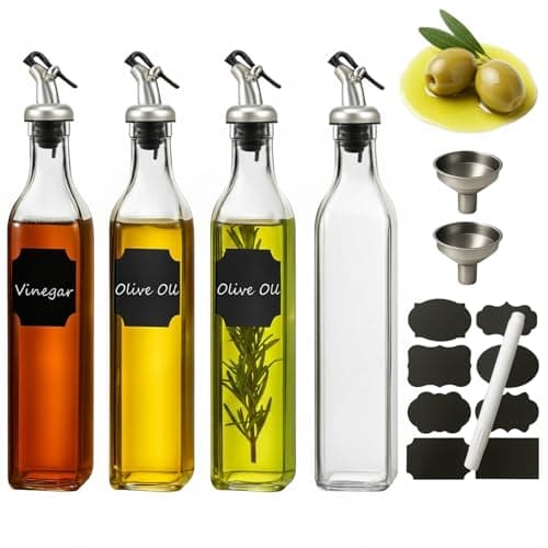 WERTIOO Olive Oil Dispenser Bottle,4Pack 17 OZ Glass Oil Dispenser for Kitchen with 4 Pourer,2 Stainless Steel Funnel & 1 Pen and 8 Label for Kitchen (500ml)