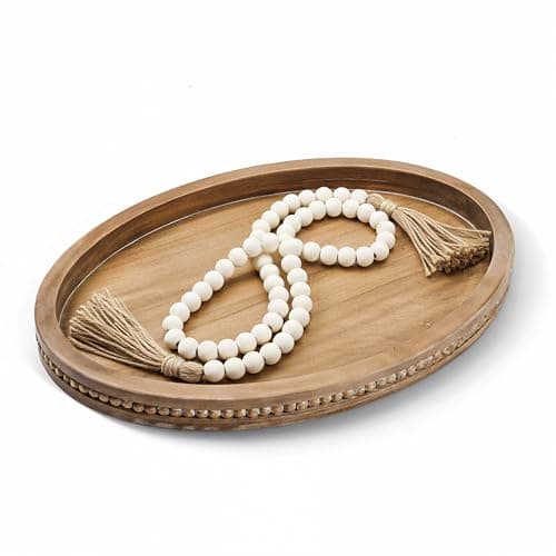 16" Oval Decorative Wood Tray for Coffee Table, Farmhouse Centerpiece Tray with Handles-Free Design, Includes 58" Wood Bead Garland, Gift-Ready Home Decor