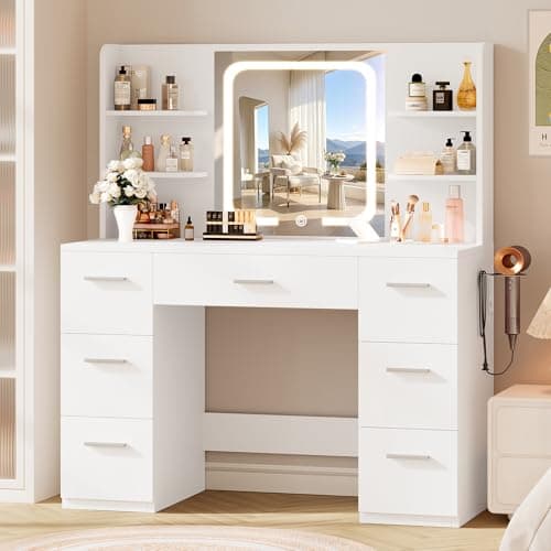 LIVELYGLOW Large Makeup Vanity Desk, 43.3”W x 15.7“D x 53.2”H, White (Large Desktop, Samrt LED Mirror, 4 Open Shelves, 7 Drawers, Hairdryer Rack, Power-Outlet, No Cushion Stool Included)