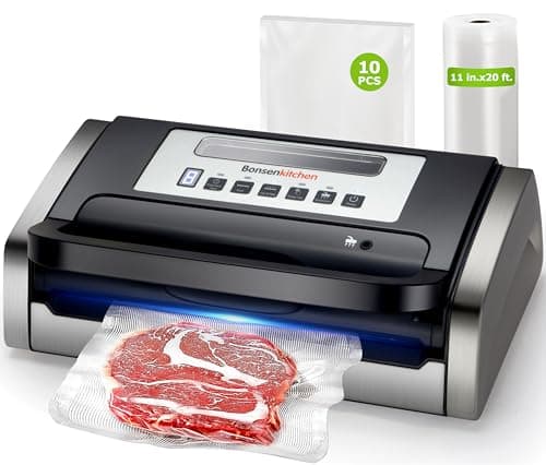 Bonsenkitchen Vacuum Sealer Machine, Globefish Technology for Perfect Vacuum Sealing, Powerful Low-Noise Food Vacuum Sealer with Easy Handle Design, Built-in Cutter & Bag Storage, 1 Bag Roll & 10 Bags