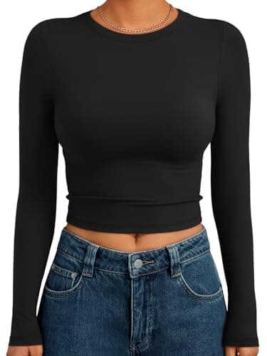 Trendy Queen Womens Long Sleeve Crop Tops Basic Slim Fitted Shirts Casual Fashion 2025 Going Out Y2k Tops Teen Girl Clothes Black S