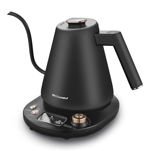 Elite Gourmet EKT3001 1L Digital #304 Stainless Steel Interior 1200W Kettle Pre-Programmed Temperatures, Keep Warm, Cordless, 360° Base, 90° Gooseneck Spout, Auto Shut-Off Function, Matte Black