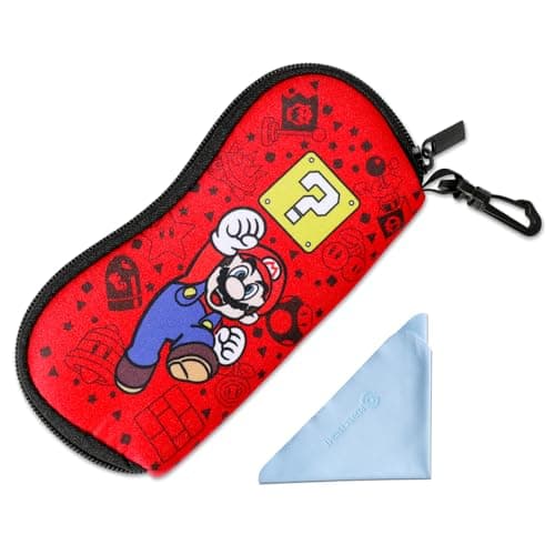 PERFECTSIGHT Kawaii Glasses Case, Neoprene Zipper Eyeglass Case with Clip, Cute Soft Sunglasses Travel Pouch for Women Kids (Red Mario)