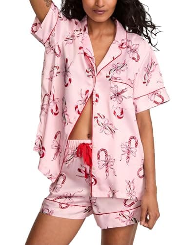 Victoria's Secret Satin Pajama Set, Short Sleeve Button Down & Shorts, Pajamas for Women, Candy Canes, S