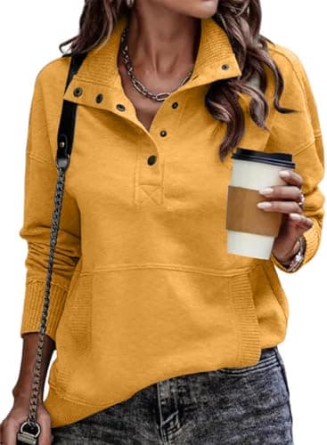 SHEWIN Womens Sweatshirt Casual Long Sleeve Lightweight Sweatshirts Loose Button V Neck Pullover Tops Fall Clothes for Women 2025,US 8-10(M),Yellow