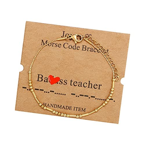 JoycuFF Morse Code Bracelets Bds Teacher Funny Inspirational Teacher Appreciation Gifts for Women Birthday Teacher's Day Christmas Courage Gold Beaded Bracelet for Her Jewelry