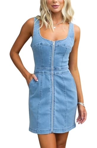 Womens Summer Casual Tank Denim Dress Sleeveless Zipper Front Mini Sexy Jean Dresses with Pockets (Medium,Light Blue)