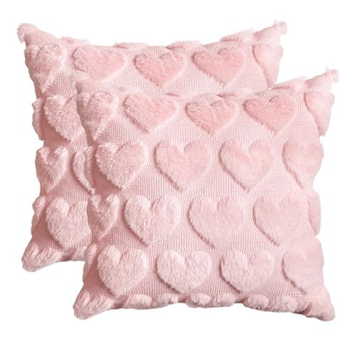 AVOIN colorlife Valentine's Day Love Heart Pink Throw Pillow Covers Set of 2, 18 x 18 Inch Anniversary Wedding Home Decor Soft Plush Faux Fur Jacquard Cushion Case for Sofa Couch