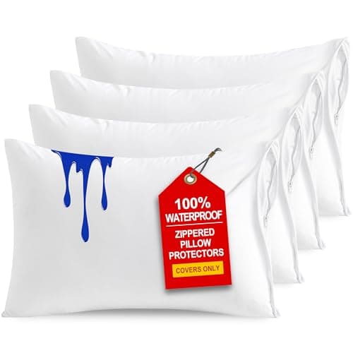 NTBAY 4 Pack Zippered Waterproof Standard Pillow Protectors, Super Soft Quiet Zip Pillow Protectors, 20x26 Inches Jersey Pure White Waterproof Pillow Cases Covers