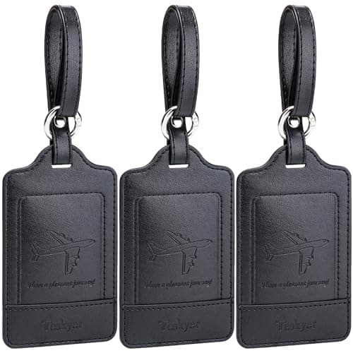 Teskyer Luggage Tags, 3 Pack PU Leather Luggage Tags for Suitcases, Privacy Protection Bag Tags Travel Essentials, Black