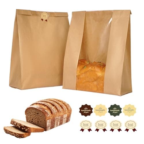 Funcoo 25 Pcs Paper Bread Bag for Home Bread Sourdough Bread Bakery Storage Bags with Window, Large Bakery Bread Loaf Bags for Baked Goods Packaging, Label Seal sticker included