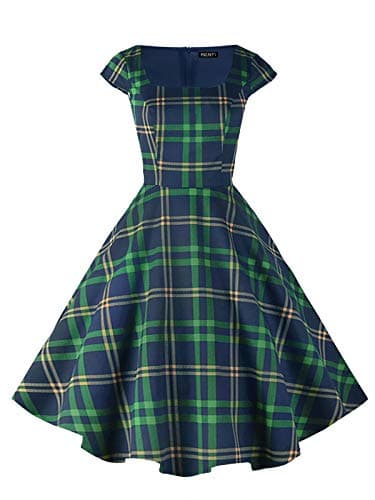 PUKAVT Women's Cocktail Party Dress Cap Sleeve 1950 Retro Swing Dress with Pockets Green Plaid S