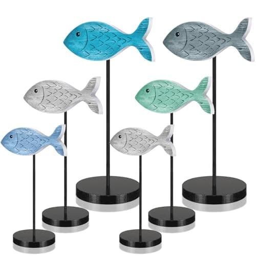 Geetery 6 Pcs Wooden Fish Table Decor Wooden Ocean Tabletop Centerpiece Standing Sign Rustic Wood Fish Home Decor Coastal Beach Figurines Sea Animal Signs Block for Summer Home Office