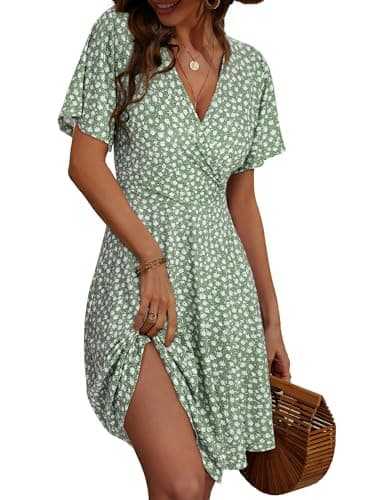 FENSACE Dresses for Women 2025 Casual Wrap V Neck Light Green Easter Dress(Floral-32,Medium)