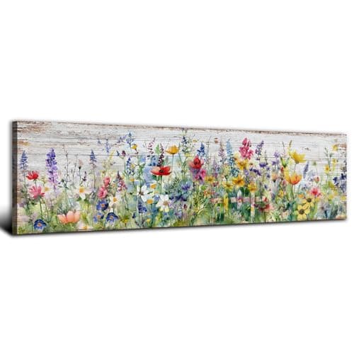 Rustic Wildflower Wall Art Living Room Farmhouse Colorful Floral Scenery Picture Decor Watercolor Flower Landscape Wood Grain Prints Painting Artwork for Office Bathroom Bedroom Home Decoration 14x48"