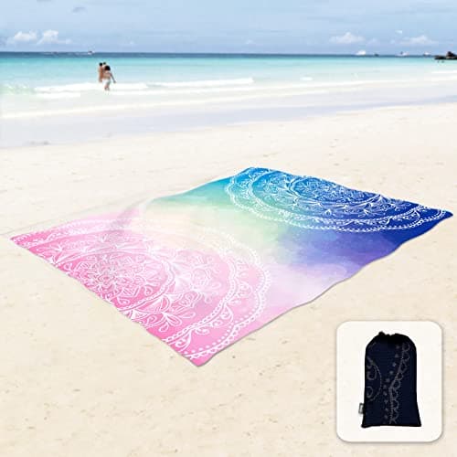 Sunlit Silky Soft 106"x81" Boho Sand Proof Beach Blanket Sand Proof Mat with Corner Pockets and Mesh Bag for Beach Party, Travel, Camping and Outdoor Music Festival, Blue and Pink Mandala