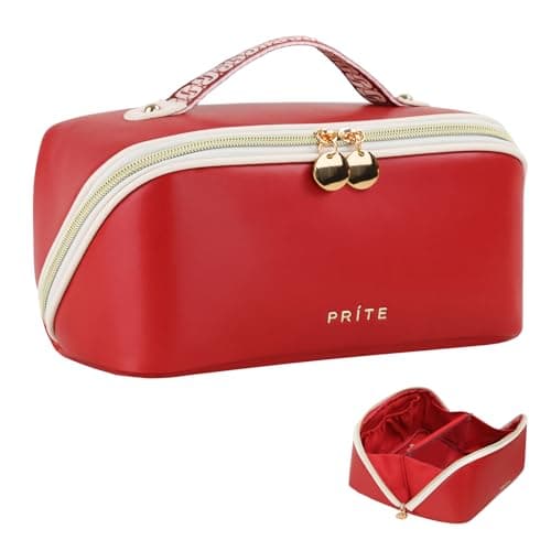 Prite Travel Cosmetic Bag Makeup Organizer Bag For Women Large Capacity Waterproof PU Leather Toiletry Bag with Handle and Clear Divider(Red)