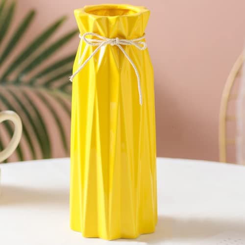 Disoza Ceramic Vase for Home Decor Yellow Modern Flower Vase for Pampas Grass Dried Flowers 9.5" H x 3.9" W Vases for Living Room Decorations Porcelain Tulip Vases for Table Kitchen Decor