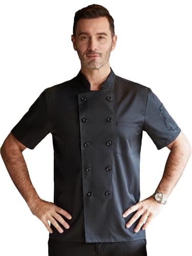 KITCHIEF Black Chef Coat With Mesh Lightweight Chef Jacket Men Short Sleeve Chef Uniform for Kitchen,Restaurant,Bakery, Black