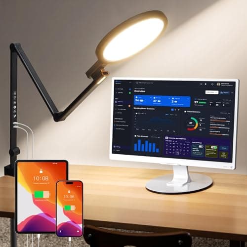 LIFENGSOLER Clamp Desk Light,Eye-Care Office Desk Lamp with USB Charging Ports, 1200LM 5 Color Temp Dimmable Swing Arm Desk Light for Home Office, Computer Monitor, Video Conference & Zoom Meetings