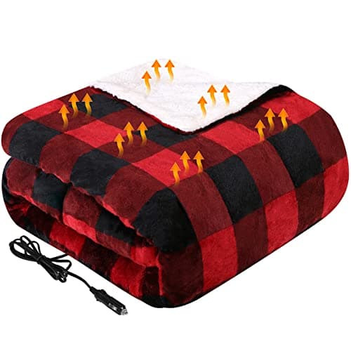 Westinghouse Heated Car Blanket, 12-Volt Electric Blanket for Car, Truck, SUV, RV, Portable Heated Throw for Camping, Red Buffalo Plaid, 59" x 43”