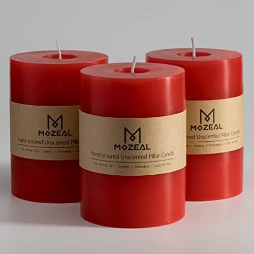 MOZEAL 3" x 4" Hand-Poured Unscented Candle,Dripless Pillar Candle Set of 3,Long Clean Burning,Approx 72 Hours Burn Time,Rustic Country Style,Wedding,Dinner,Christmas and Home Decor,Red