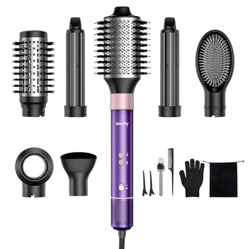 Vincofy 7 in 1 Blow Dryer Brush Set – Hot Air Styler for Fast Drying, Curling, Straightening & Volumizing – Ionic Hair Dryer Brush with 1500W Power – No Heat Damage for All Hair Types – Lilac