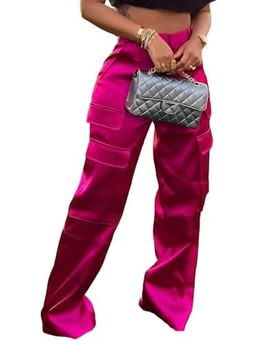 Baczoe Dressy Cargo Pants for Women Long Satin Metallic Wide Leg Casual Pants with Pockets (Hot Pink, M)