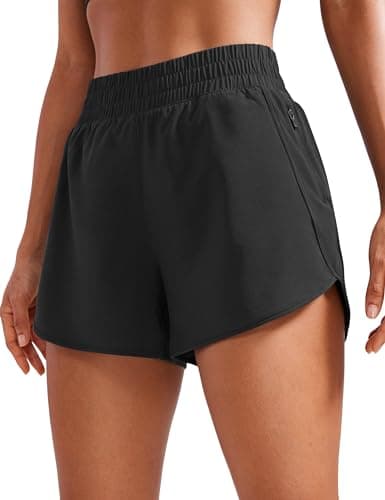 CRZ YOGA Women's High Waisted Running Shorts Mesh Liner - 3'' Dolphin Quick Dry Athletic Gym Track Workout Shorts Zip Pocket Black Small