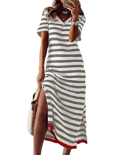 Dokotoo Summer Dress Casual Womens Fashion T Shirt Dress Short Sleeve Striped Long Maxi Dress Gray X Large