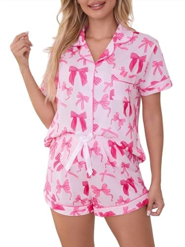 Cute Pj Bow Pajamas Sets for Women 2 Piece Button Up Short Sleeve Nightwear Lounge Sleepwear Pink C Medium