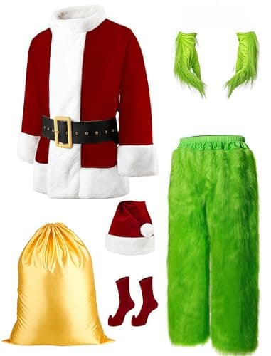 dgdgcool Christmas Green Costumes Adult, 8pcs Furry Santa Claus Costume for Men Funny Cosplay Santa Costume