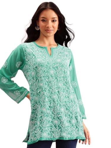 Ada Indian Hand Embroidered Chikankari Georgette Sea Green Top Tunic Shirt Kurti for Women A911224 (Small)