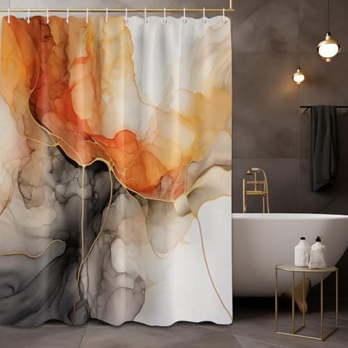 Lvetong Orange Marble Shower Curtain Abstract Modren Crack Colorful Bathroom Decor, Waterproof Cloth Fabric with Hooks (Orange,70''W x 72''L)