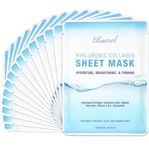 Ebanel 15 Pack Collagen Peptide Hydrating Face Masks, Instant Brightening Firming Anti Aging Face Sheet Masks, Moisturizing Spa Face Masks Skincare with Hyaluronic Acid, Vitamin C, Chamomile, Aloe