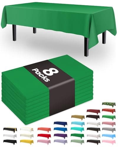 Pureegg Plastic Table Cloth Disposable 8 Pack, 54 x 108 Inch Table Cloths, St Patricks Day, Christmas Decorations, Tablecloths, Rectangle, Forest, Emerald, Plastic Cover, Leakproof & Sturdy, Green