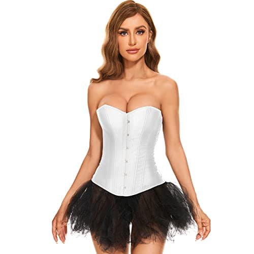 LEACOOLKEY Women White Bustier Corset Top Boned Overbust Lace-up Waist Cincher Corset Lingerie Shapewear Halloween Costume
