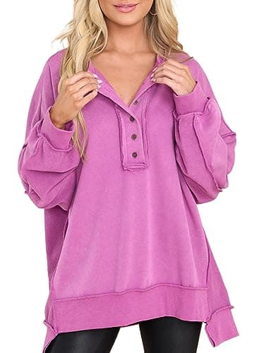 AlvaQ Women Sweatshirt Winetr Casual Oversized Pullover Tunic Sweatshirts Button V Neck Iiregular Hem Fall Clothes Fashion 2025 Purple Medium