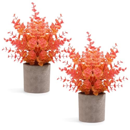 Coferset 2 Pack Fall Small Fake Plants Eucalyptus Potted Artificial Plants Fall Decorations for Home Shelf Office Bathroom Desk Farmhouse Room Coffee Table Decor Fall Decor (Fall Orange)