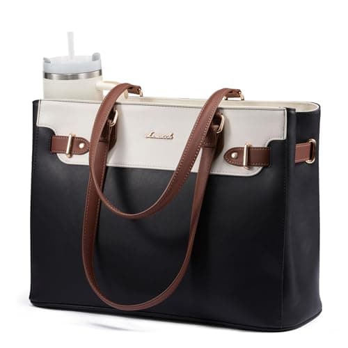 LOVEVOOK Laptop Tote Bag for Women Work, Teacher Tote Bag Nurse Bag with Large Cup Holder, 15.6 Inch Waterproof Leather Computer Bag Professional Business Office Briefcase, Black-beige-brown