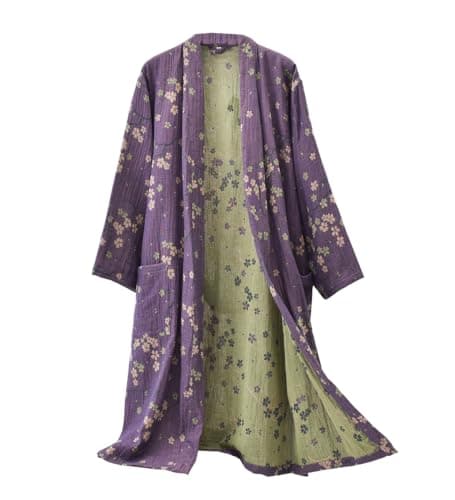 PRINCESS BRIDE Cotton Gauze Jacquard Japanese Yukata Soft Nightdress Bathrobe Nightgown Breathable Pajamas for Women, XL, Purple