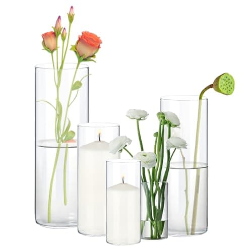 5 Pack Cylinder Vases Set, Clear Glass Vases for Centerpieces, 4,6,8,10,12 Inch Tall Flower Vase for Home Decor, Flower Vase for Table Decorative & Hurricane Floating Candle Holders