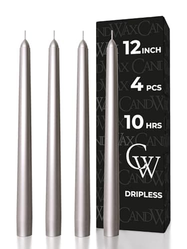 CANDWAX 12 inch Silver Taper Candles Set of 4 - Christmas Candles Taper Dripless - Tall Long Burning Fragrance-Free Silver Candlesticks