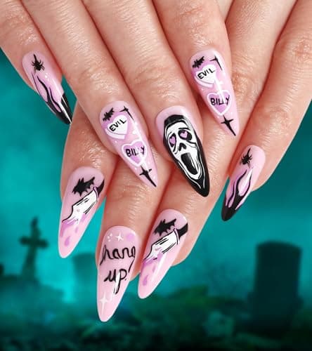 Morily Press on Nails Almond Medium Length - 24Pcs Pink Purple Halloween False Nails with Ghost Face Flame Spider Design Y2K Spooky Fake Nails Gloosy Stiletto Stick on Nails for Women