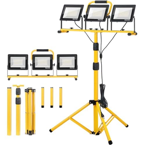 Zetunlo 21000Lumen LED Work Lights with Stand - 3 Head Portable Work Light with 16FT Cord - IP66 Waterproof Tripod Worklights for Outdoor Indoor Job Site Workshop Garage Construction Site Lighting