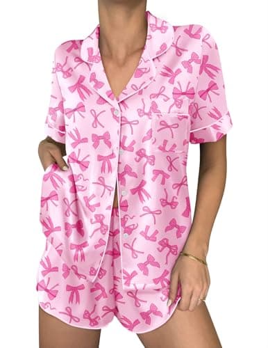 Ekouaer Womens Silk Satin Pajama Sets 2 Piece Button Down Silk Pjs Shorts Sets Short Sleeve Loungewear Soft Sleepwear, Bow Print, XX-Large