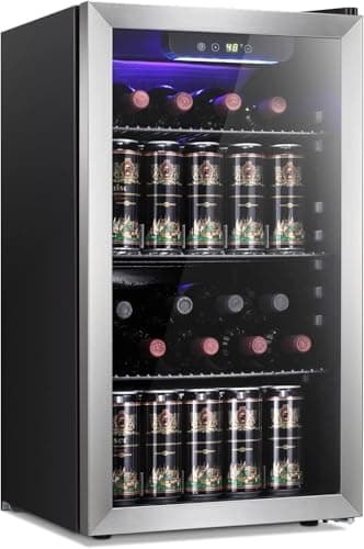 Antarctic Star 26 Bottle 130 Can Wine Cooler/Cabinet Beverage Refrigerator Mini Wine Cellar Beer Soda Clear Glass Door Bar Fridge Quiet Compressor Adjust Temp Freestanding Indoor Use 3.2cu.ft Black