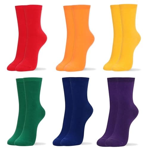 kikiya socks Women Pattern Crew | 6 Pairs Rainbow Color Pack Plain Solid Crew Red Orange Yellow Green Blue Purple Pride Colored Daily Boot Cotton Socks | Womens Ladies Girls Gift | Rainbow Solid
