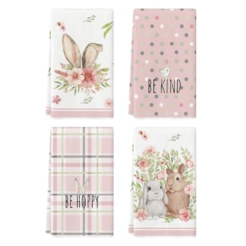 Artoid Mode Pink Bunny Rabbit Ears Floral Leaves Easter Kitchen Towels Dish Towels, 18x26 Inch Be Kind Seasonal Decoration Hand Towels Set of 4
